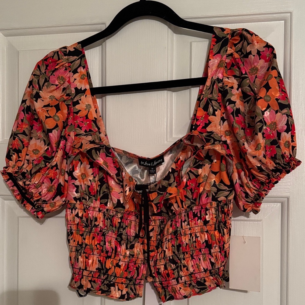 For Love & Lemons Floral Puff-Sleeve Smocked Top